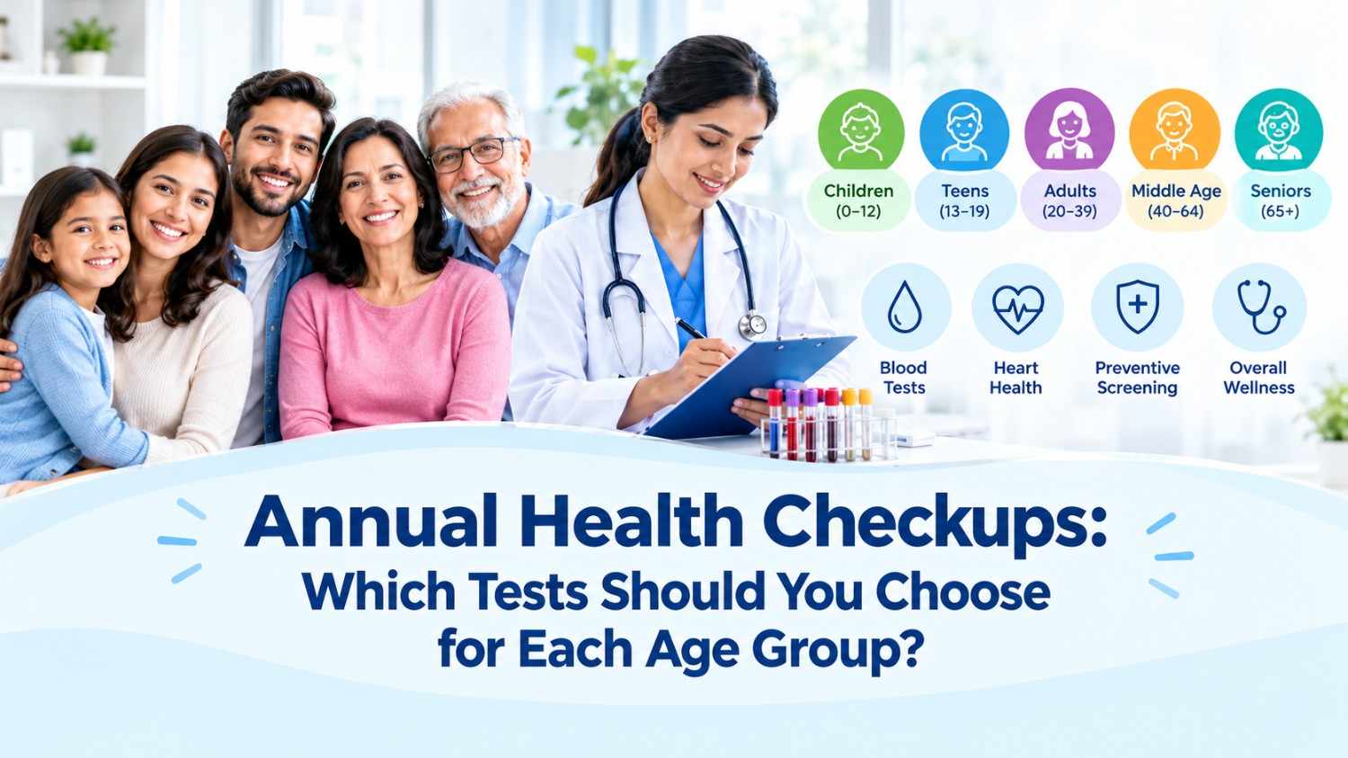Annual health checkup tests recommended for different age groups, from children to seniors.